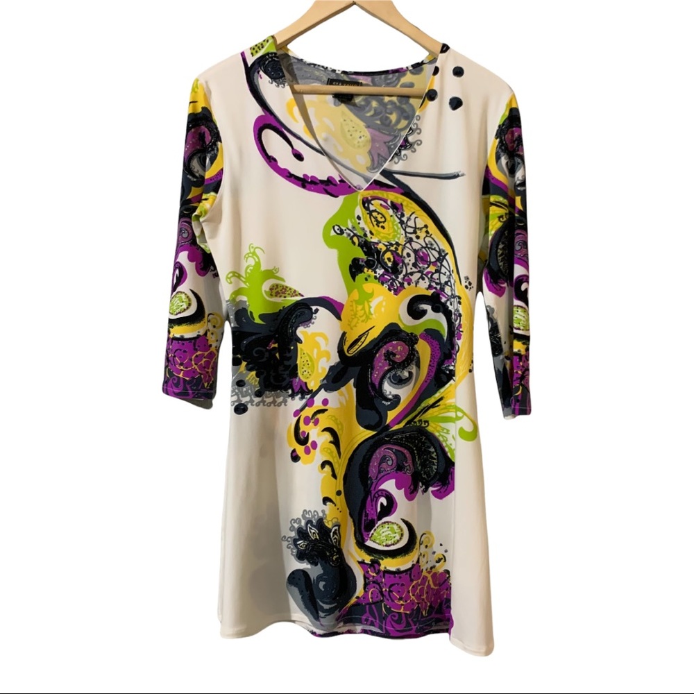 Eco Varro Dress Size Large Abstract Design 3/4 Sleeves Art-to-wear Shift